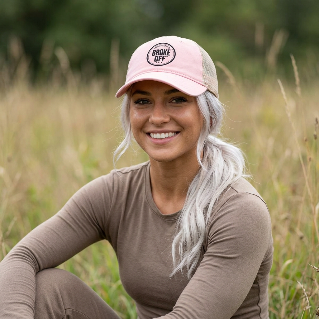Women's washed trucker hat with concealed ponytail opening, mesh back, and Broke Off Co. circular logo patch