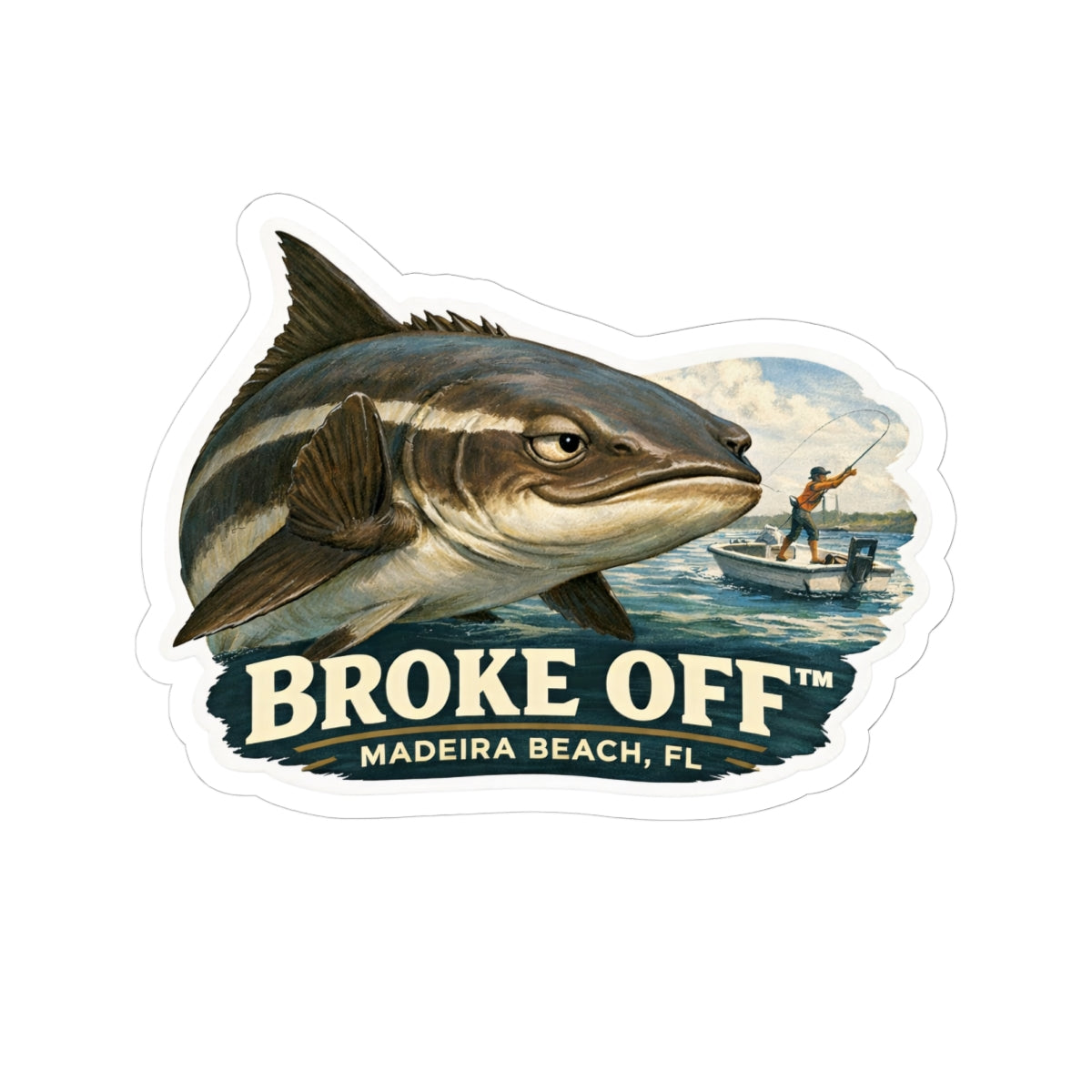Broke Off Co. Cobia Sticker | Coastal Fishing Decal | Madeira Beach FL - 6" × 6" / White